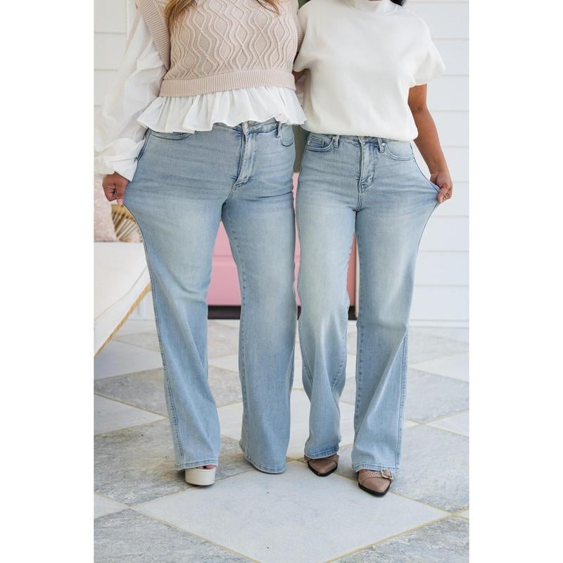💥High Rise Vintage Wash Tummy Control Top Straight Leg Jeans