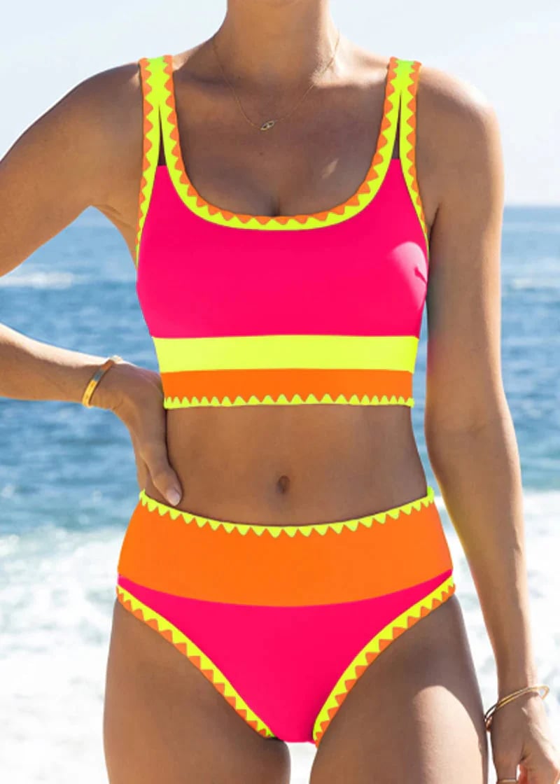 👙Color Block Patchwork Sporty 3-Piece Bikini Set - High Waisted & Tummy Control Swimsuit💃🌈