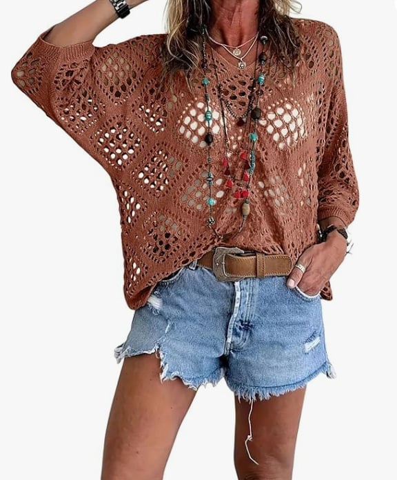 💥🔥Womens Bohemian-Inspired Beige Crochet Top with V-Neck | 11 Colors | S to 5XL