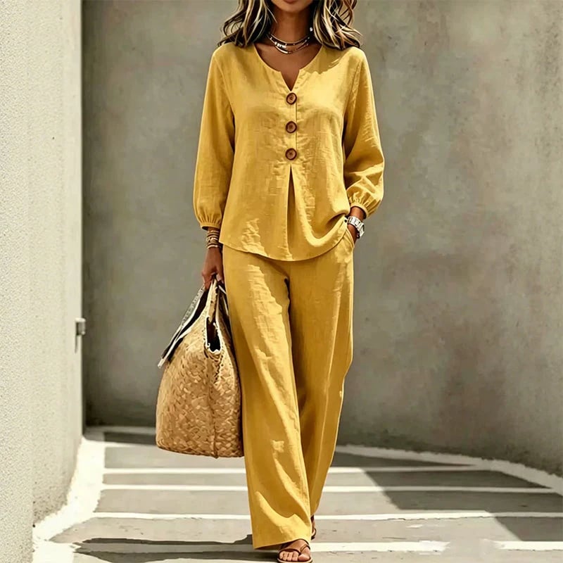 🌿Women's Cotton-Linen V-Neck Long Sleeve Top & Pants Set