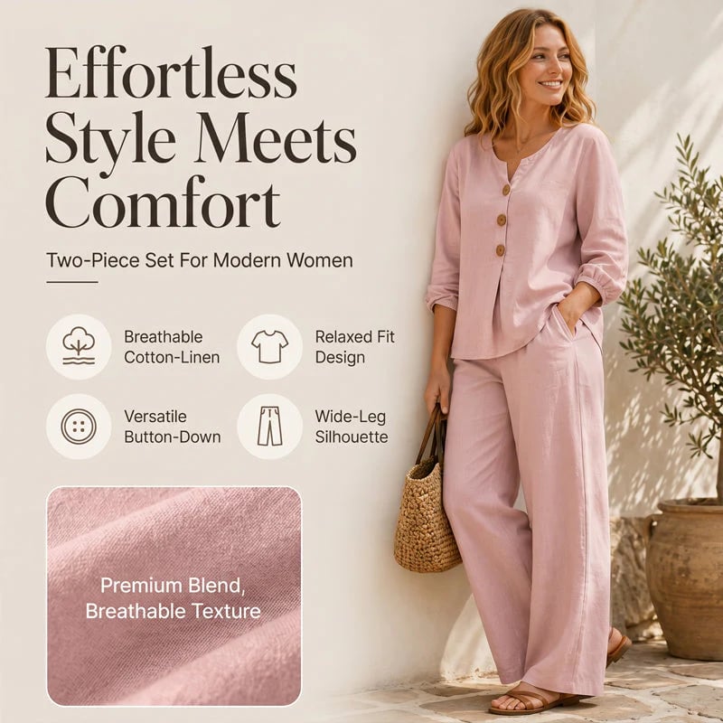 🌿Women's Cotton-Linen V-Neck Long Sleeve Top & Pants Set