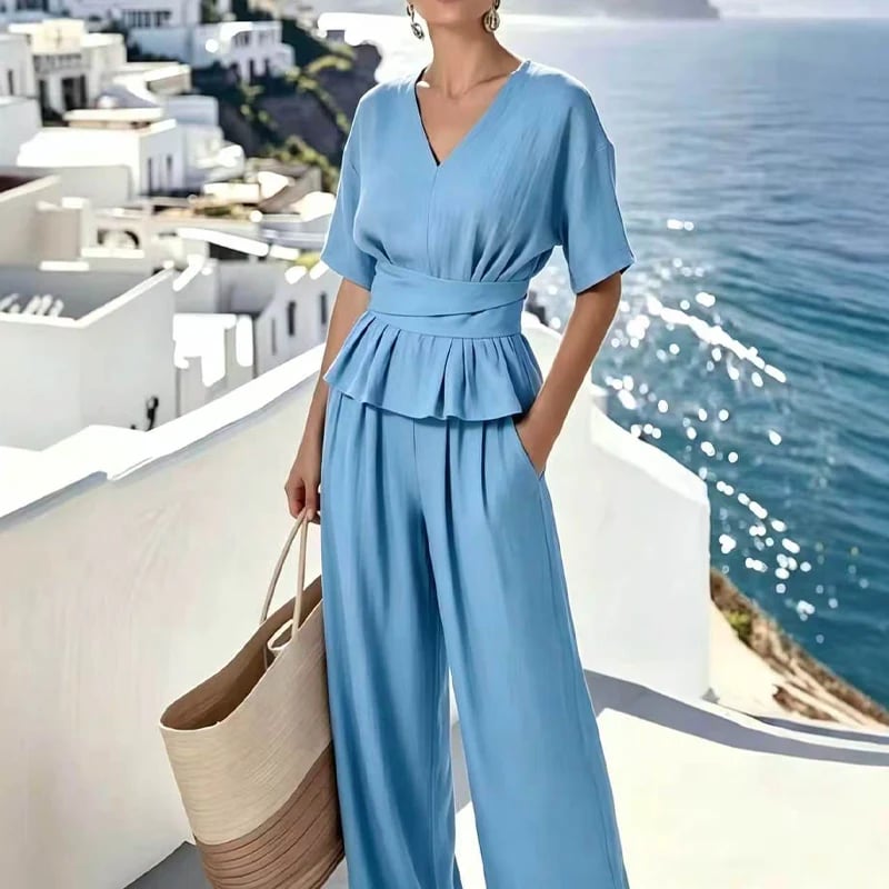 Women's Wrap Waist Top & Wide-Leg Pants Set