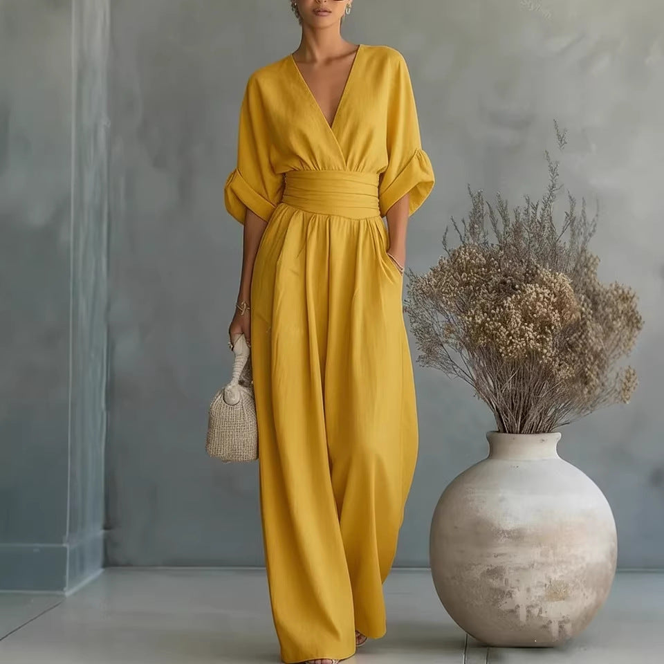 👠👠Hot sale Women's Solid-Color Elegant V-Neck Jumpsuit with Waist-Defining Fit