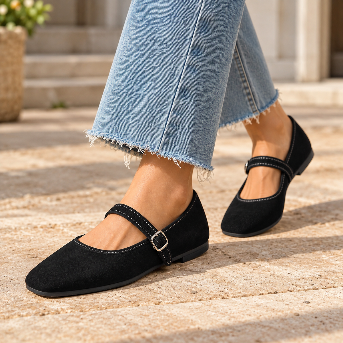 Square-Toe Buckle Mary Jane Flats