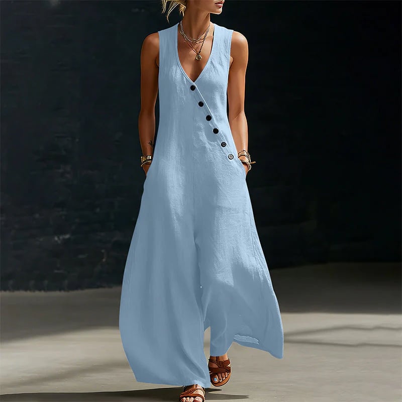 Women's Sleeveless V-Neck Jumpsuit with Pockets