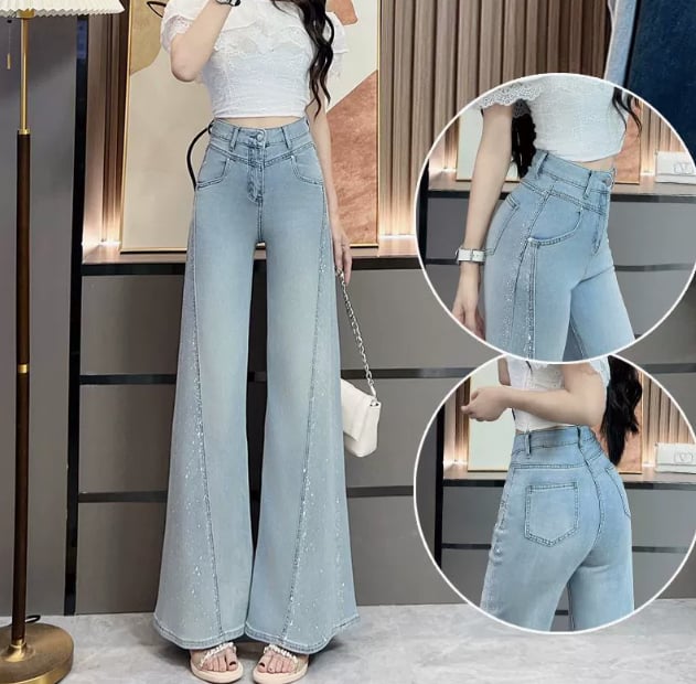 Rhinestone wide-leg flared jeans
