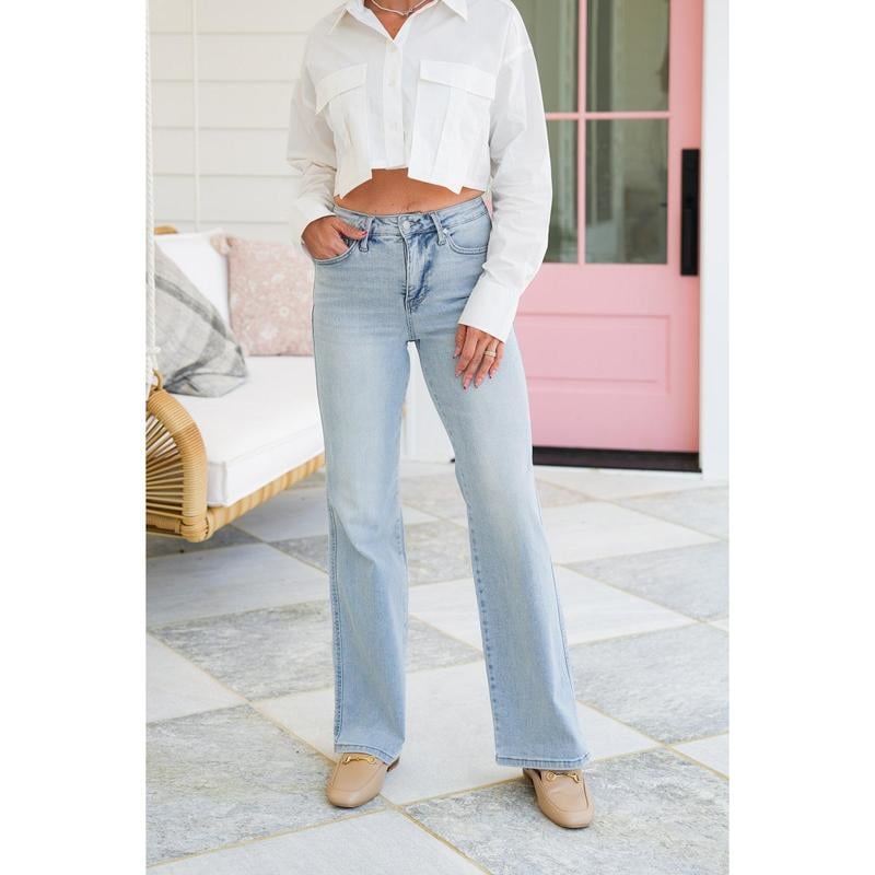 💥High Rise Vintage Wash Tummy Control Top Straight Leg Jeans