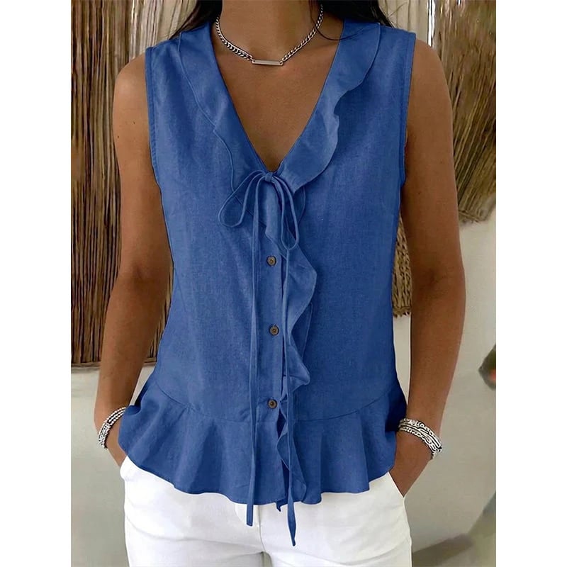 Women's Sleeveless Ruffle Trim V-Neck Top