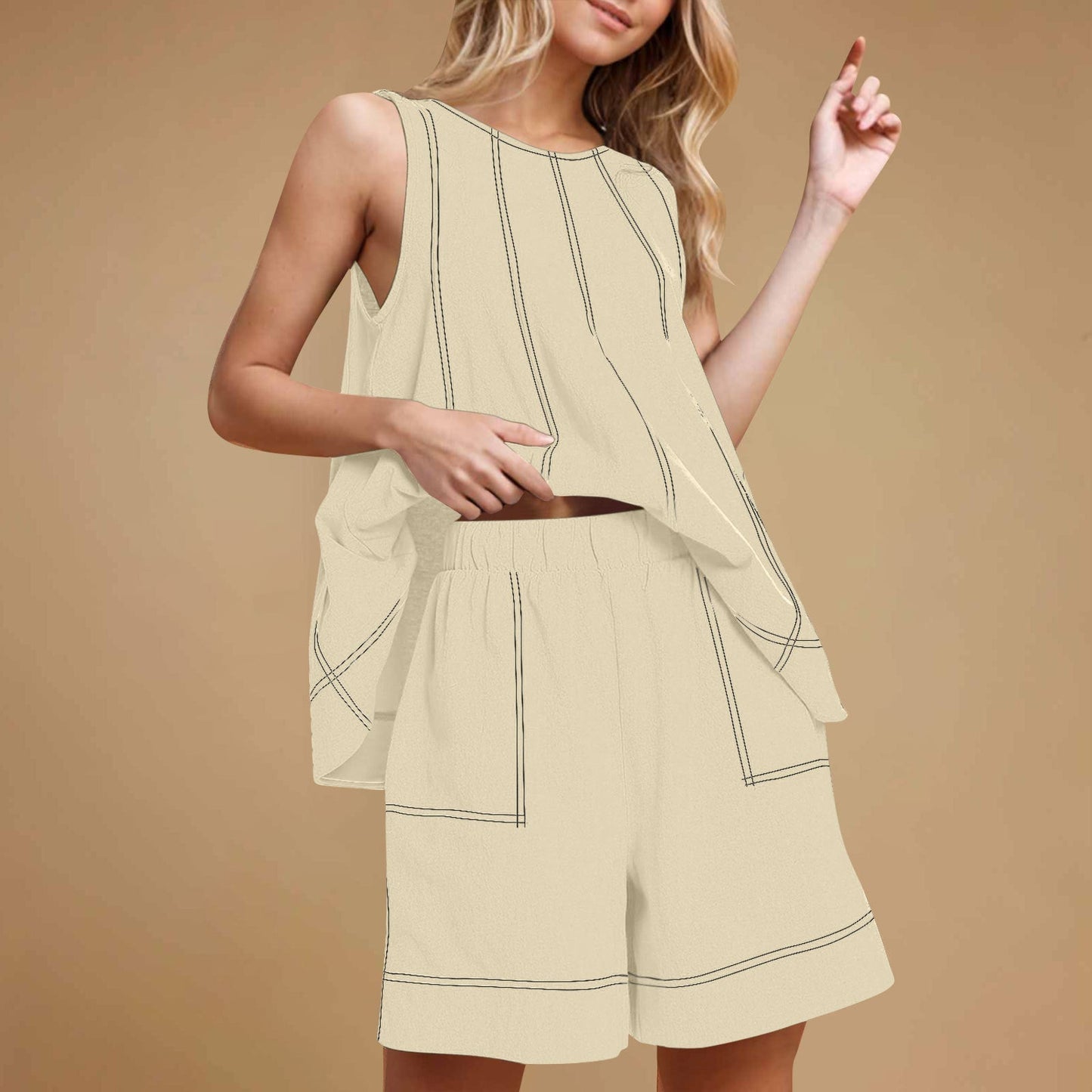 🏖️Summer Hot🌼Women's Round-Neck Tank Top & High-Waisted Shorts Set