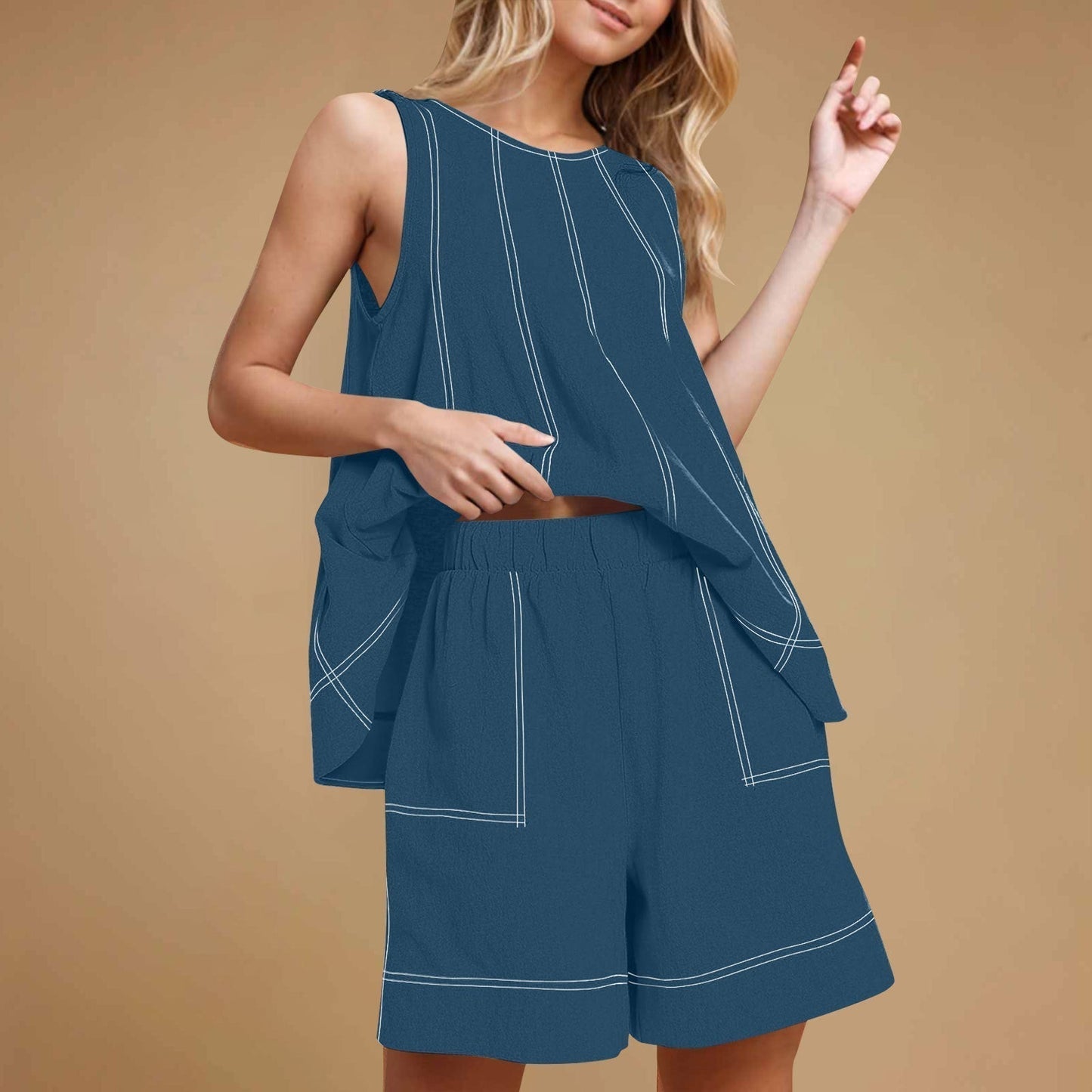 🏖️Summer Hot🌼Women's Round-Neck Tank Top & High-Waisted Shorts Set