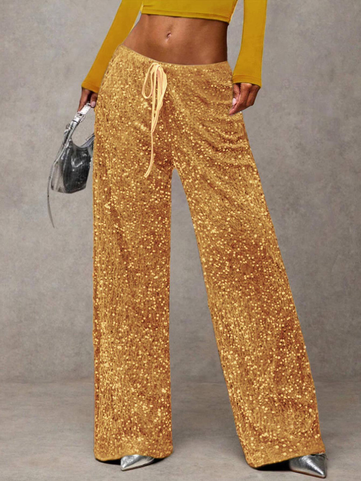 Sequin Elastic Waist Wide-Leg Pants