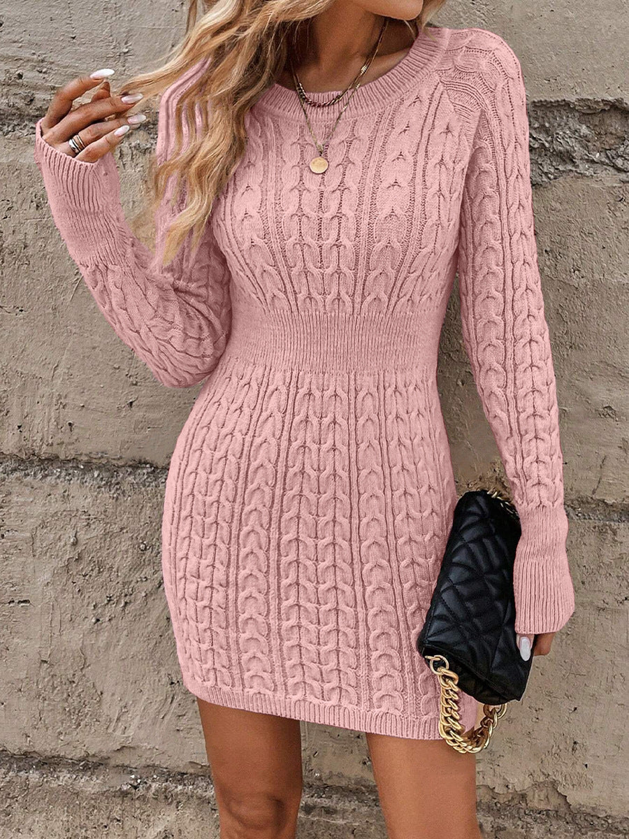 ❄️🖤Women's Winter Plain Round Neck Cable Knit Bodycon Sweater Dress