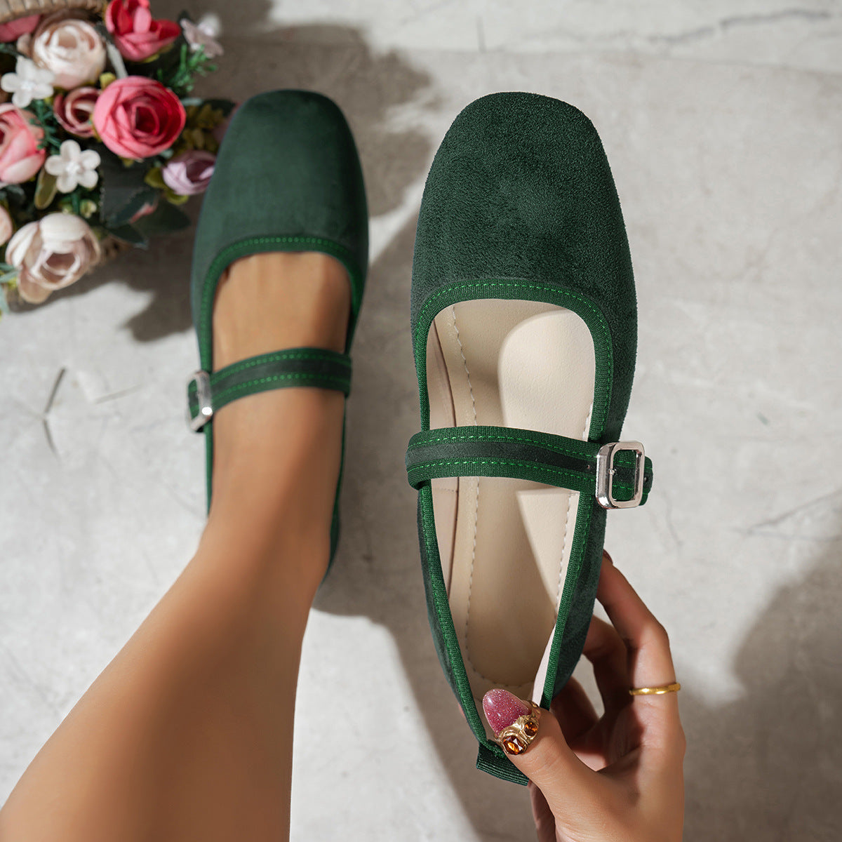 Square-Toe Buckle Mary Jane Flats