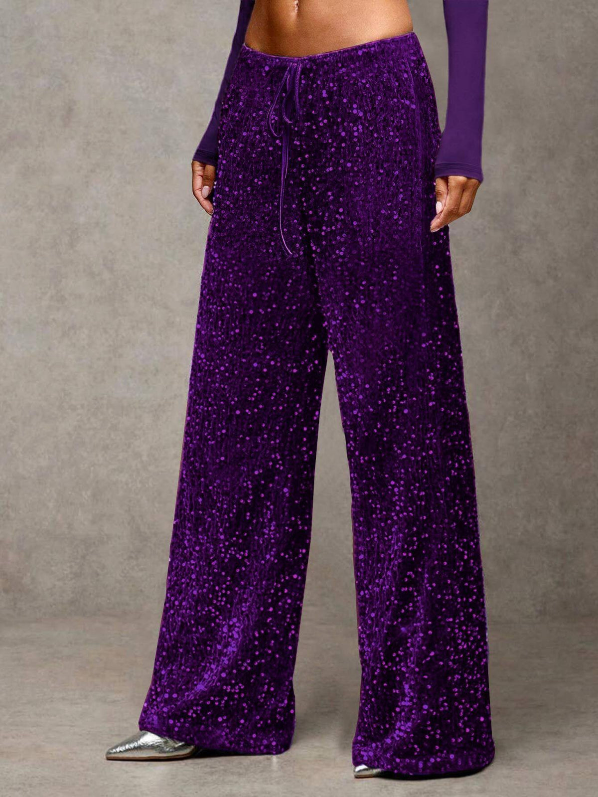 Sequin Elastic Waist Wide-Leg Pants