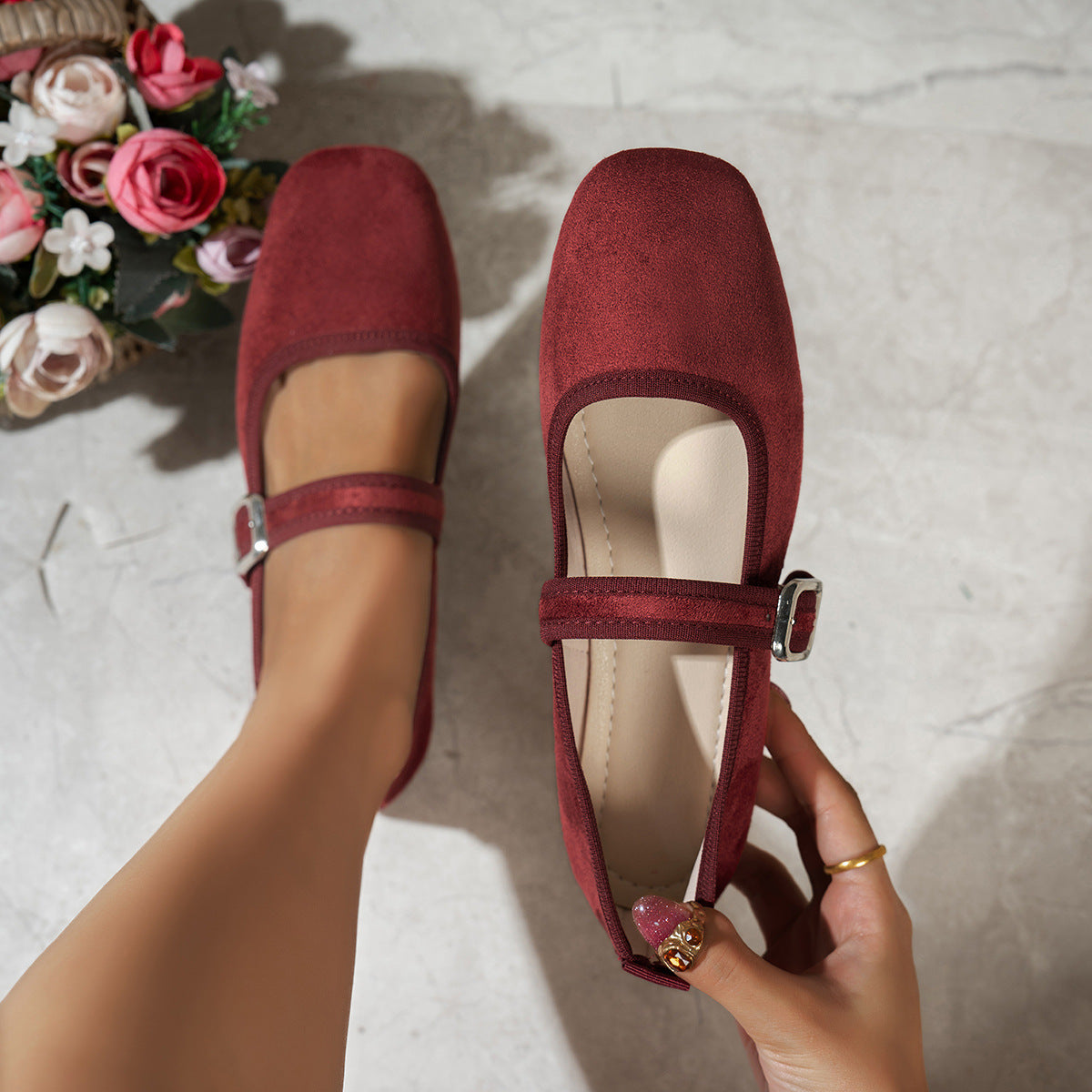 Square-Toe Buckle Mary Jane Flats