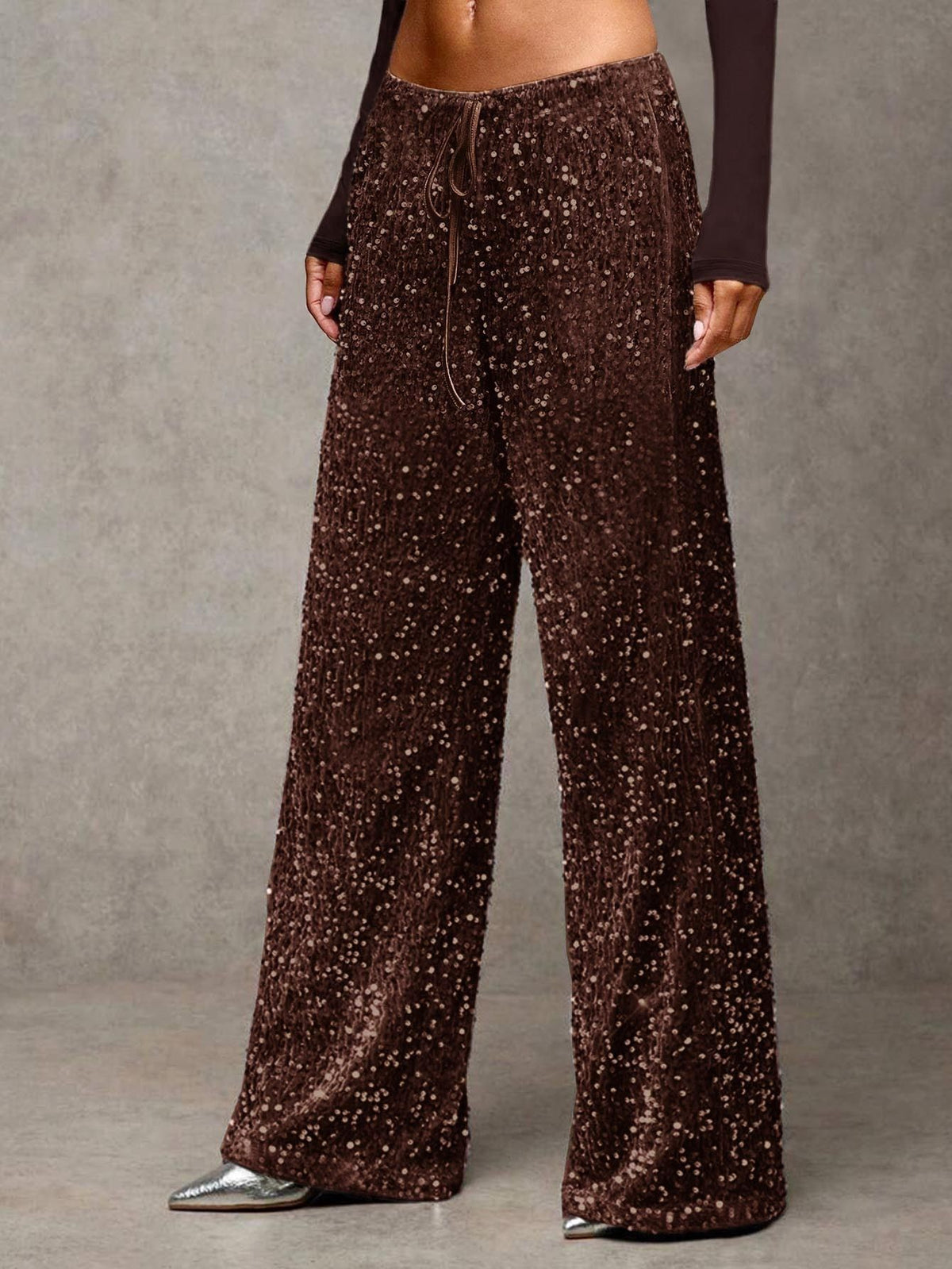 Sequin Elastic Waist Wide-Leg Pants