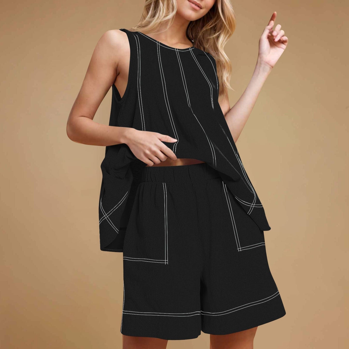 🏖️Summer Hot🌼Women's Round-Neck Tank Top & High-Waisted Shorts Set