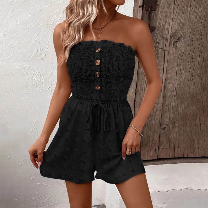 🎉💃Women's Strapless Frill Trim Shirred Tie Front Wide Leg Tube Romper