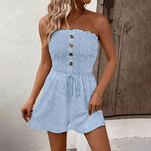🎉💃Women's Strapless Frill Trim Shirred Tie Front Wide Leg Tube Romper