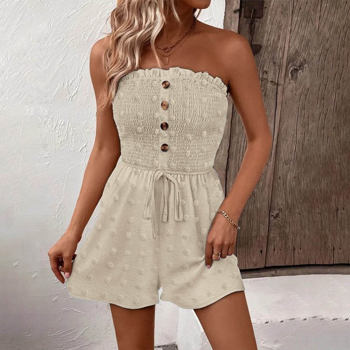 🎉💃Women's Strapless Frill Trim Shirred Tie Front Wide Leg Tube Romper