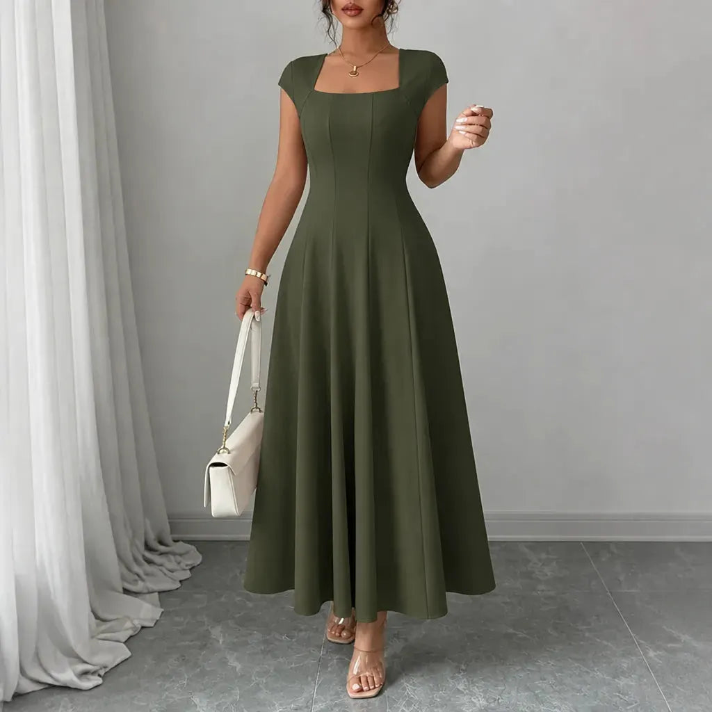 💃Women's Solid-Color Square-Neck A-Line Midi Dress