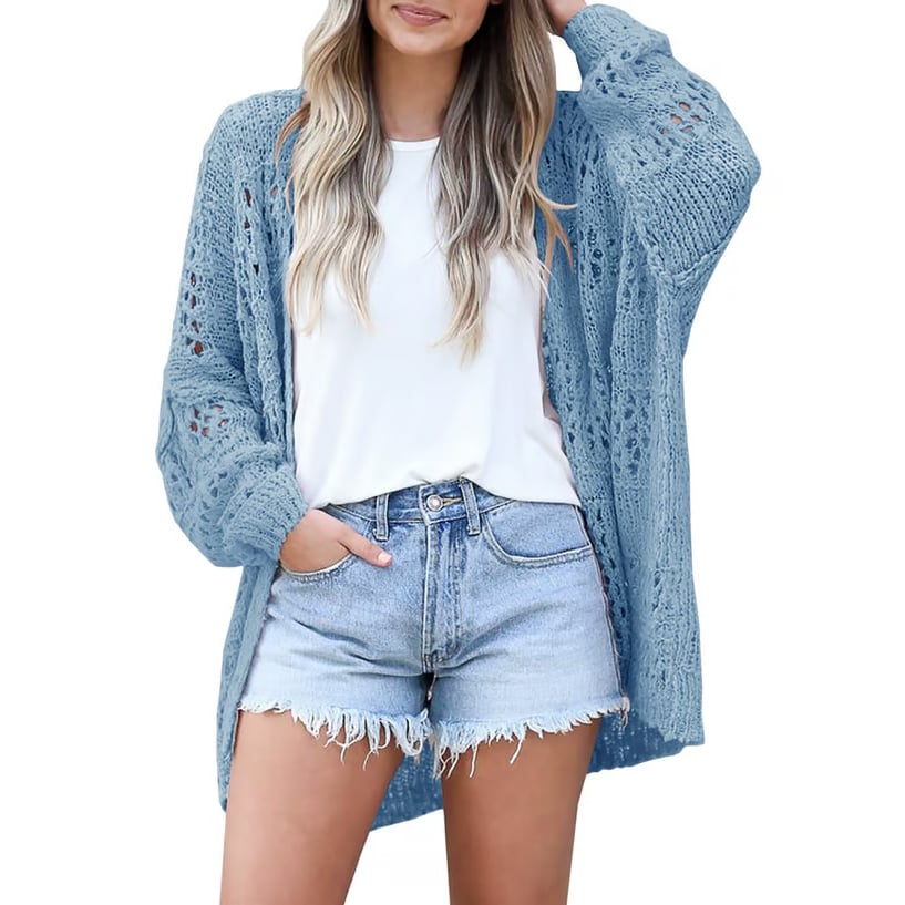 🔥 Women's Cotton Lightweight Crochet Cardigan Long Sleeve Open Front Oversized Summer Sweater Batwing Beach Fashion