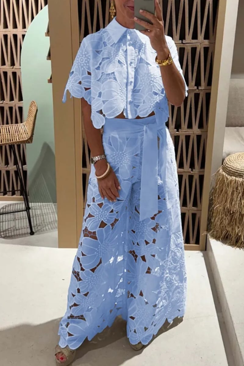Exquisite Floral Embroidered Hollow Lace Top and Wide-Leg Pants Set