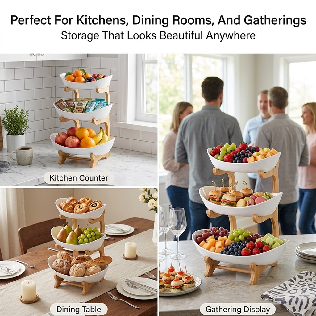 3-Tier Vertical Fruit Basket with Bamboo Stand - Space-Saving Oval Bowl Organizer for Kitchen Counters & Pantries