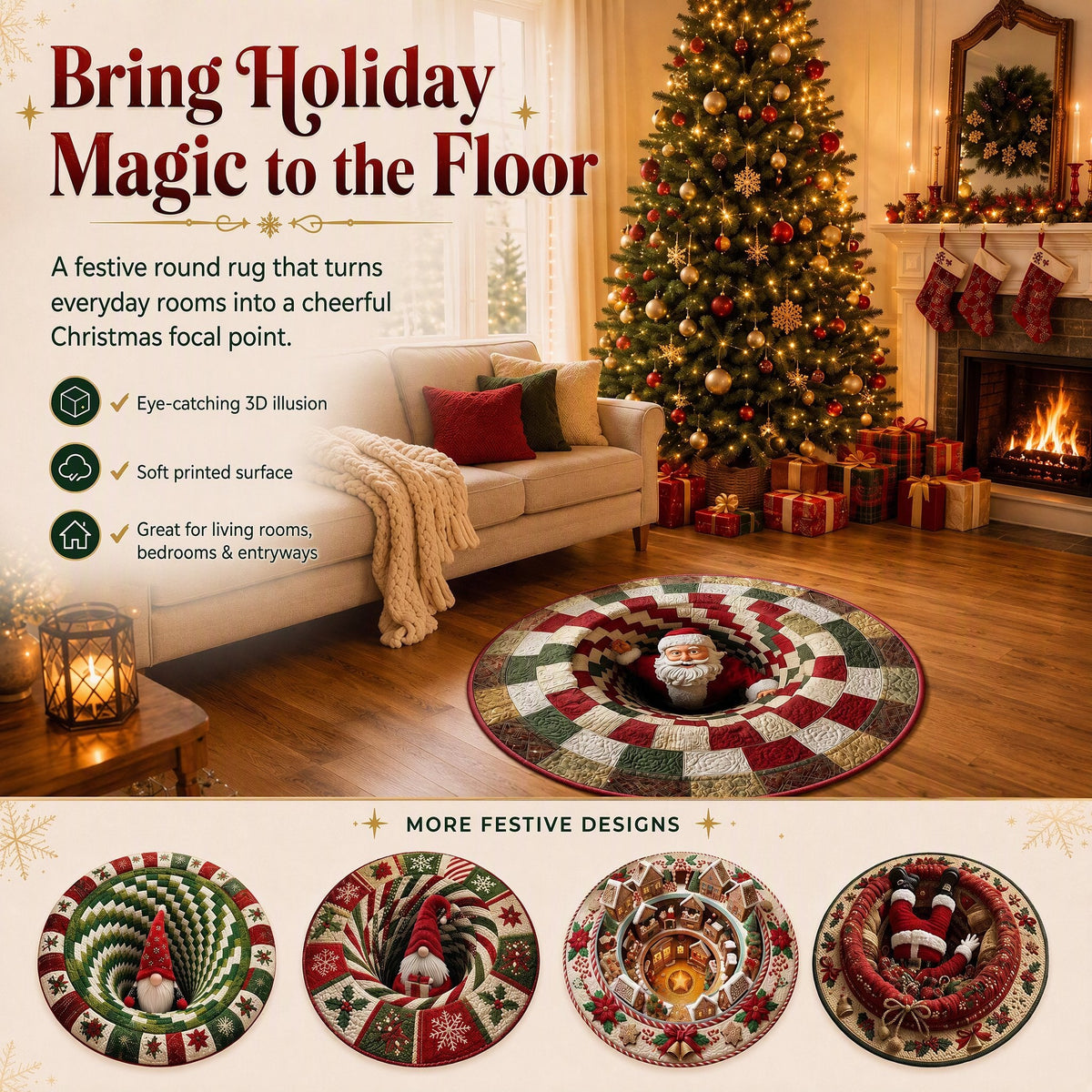 🎄3D Christmas Gnome Optical Illusion Round Rug | Fun Festive Home Decor Must‐Have⭐🏠🎁