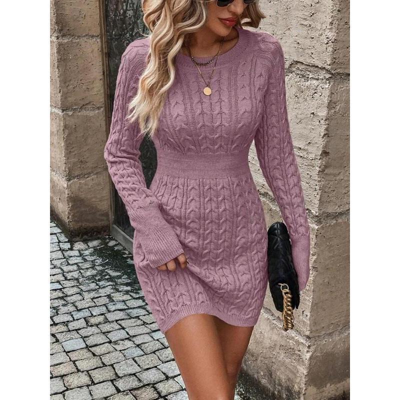 ❄️🖤Women's Winter Plain Round Neck Cable Knit Bodycon Sweater Dress