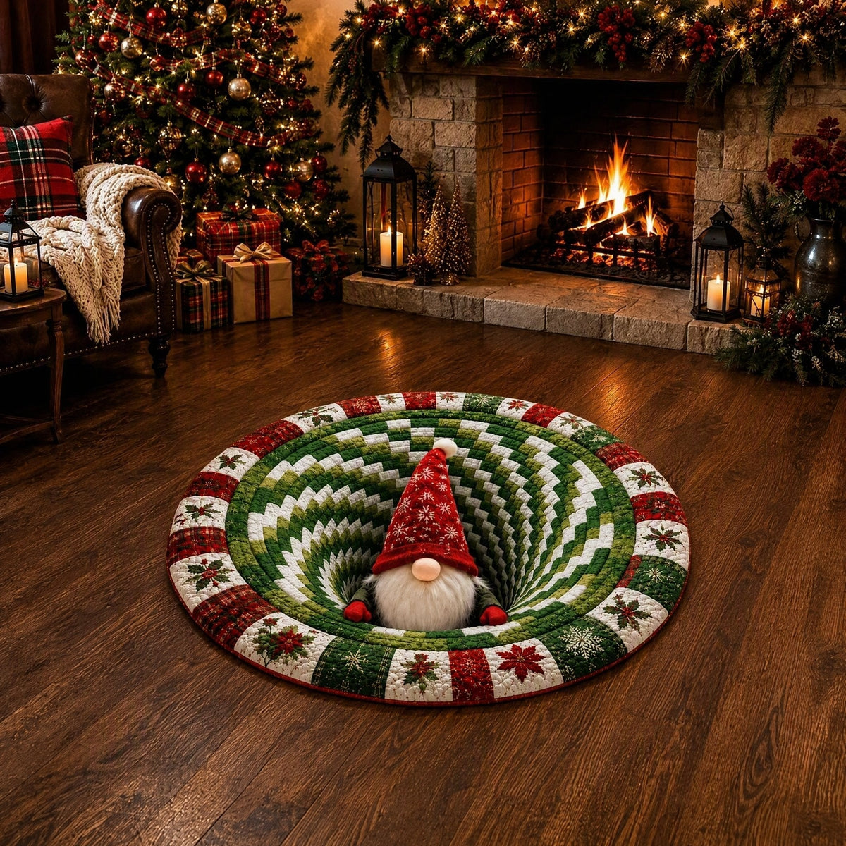 🎄3D Christmas Gnome Optical Illusion Round Rug | Fun Festive Home Decor Must‐Have⭐🏠🎁