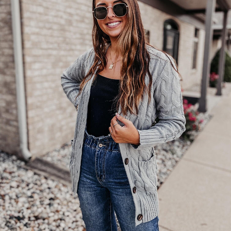 💕Women's Fall Casual Long Sleeve Button Down Open Front Cable Knit Cardigan