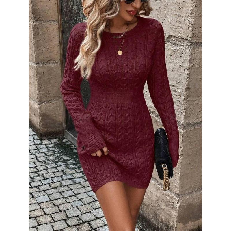 ❄️🖤Women's Winter Plain Round Neck Cable Knit Bodycon Sweater Dress