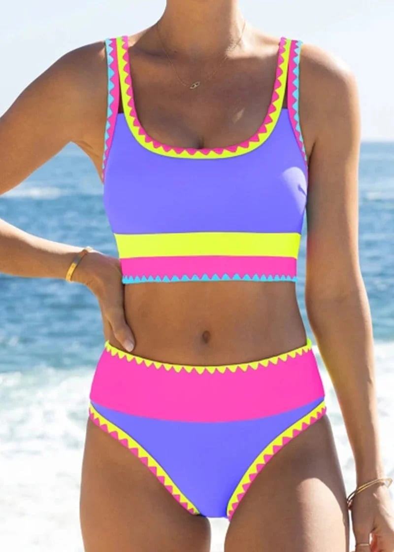 👙Color Block Patchwork Sporty 3-Piece Bikini Set - High Waisted & Tummy Control Swimsuit💃🌈