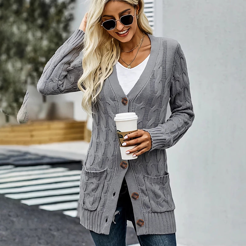 💕Women's Fall Casual Long Sleeve Button Down Open Front Cable Knit Cardigan