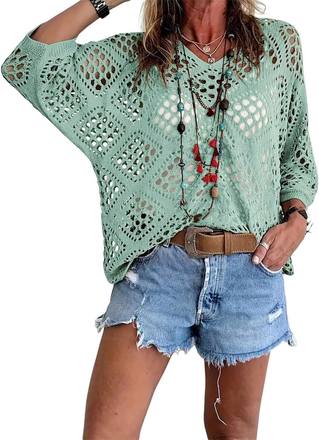 💥🔥Womens Bohemian-Inspired Beige Crochet Top with V-Neck | 11 Colors | S to 5XL