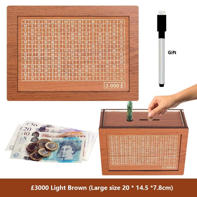 🔥Hot Sale🔥1000/3000/5000/10000 Wooden Money Box - Reusable Savings Target Bank for Home Decoration and Financial Goals