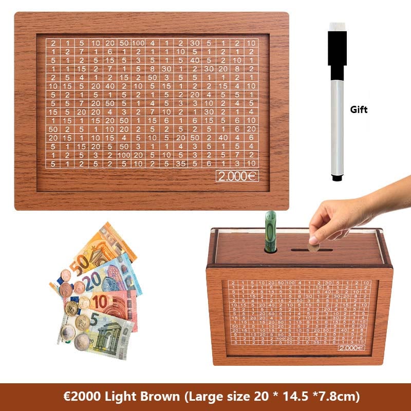 🔥Hot Sale🔥1000/3000/5000/10000 Wooden Money Box - Reusable Savings Target Bank for Home Decoration and Financial Goals
