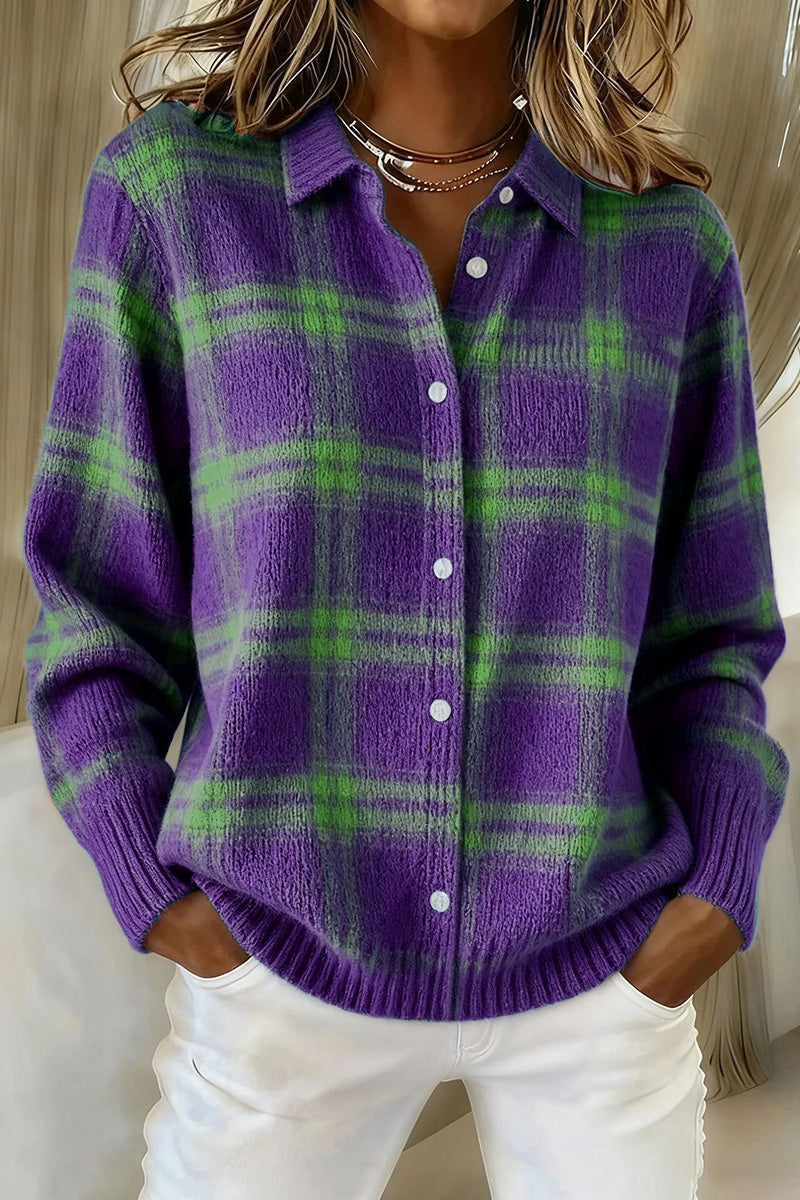🔥 Women's Plaid Print Casual Cotton Buttoned Cardigan Sweater