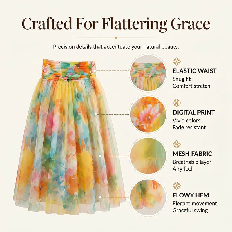 Women's Watercolor Floral Print Tulle Midi Skirt
