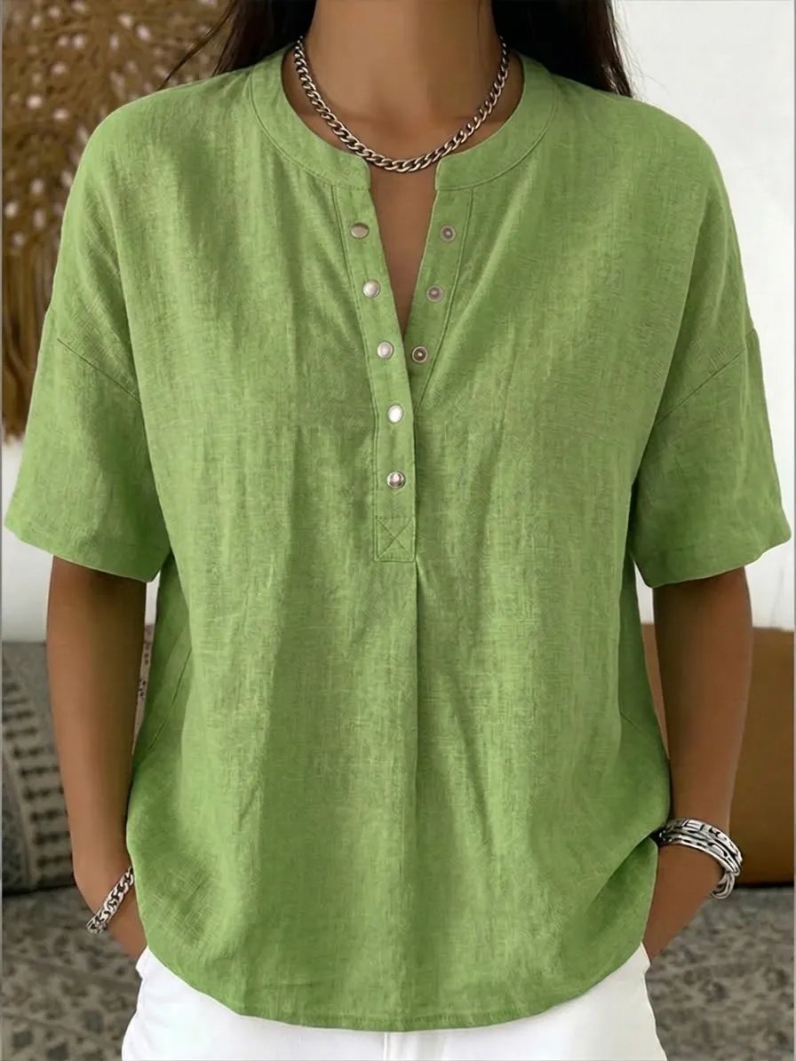 Women’s Casual Henley Collar Linen And Cotton Short-Sleeve Shirt
