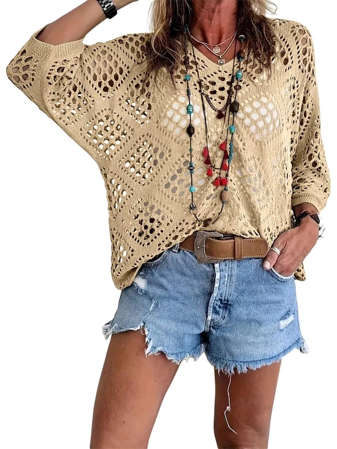 💥🔥Womens Bohemian-Inspired Beige Crochet Top with V-Neck | 11 Colors | S to 5XL