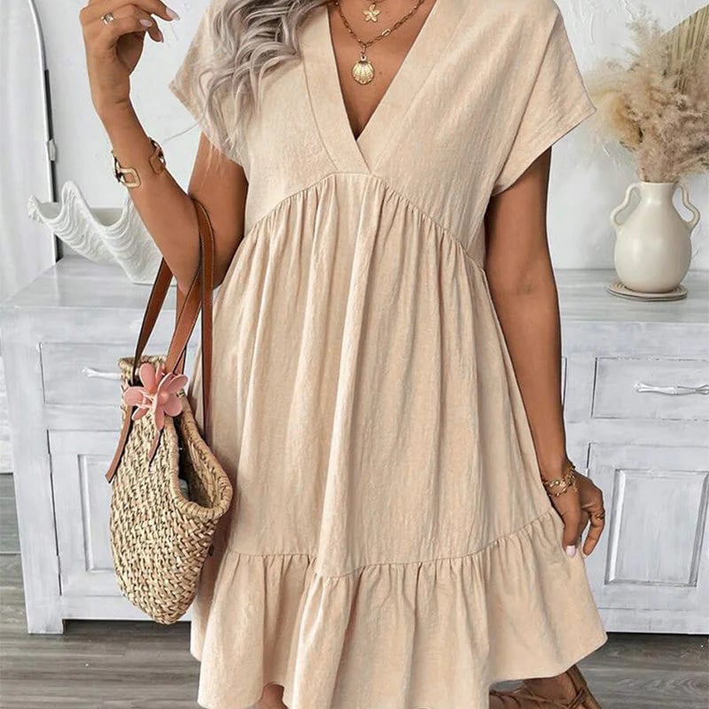 Women's V-Neck Loose-Fit Dress with Ruffle Hem 👗 Flattering V-Neck, Playful Ruffles – Your Go-To for Easy, Breezy Days ✨