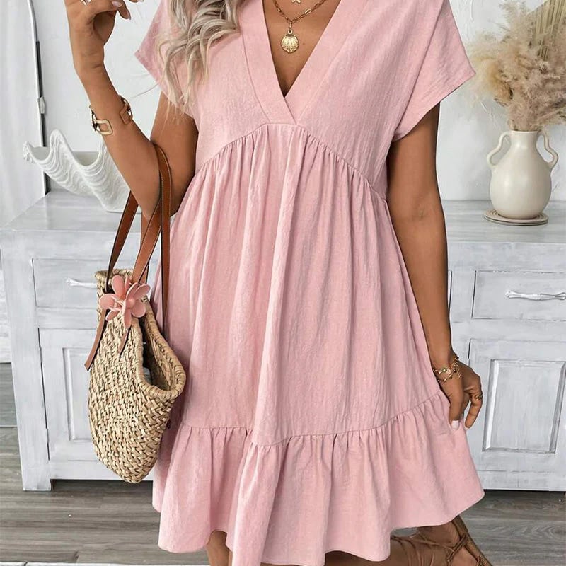 Women's V-Neck Loose-Fit Dress with Ruffle Hem 👗 Flattering V-Neck, Playful Ruffles – Your Go-To for Easy, Breezy Days ✨