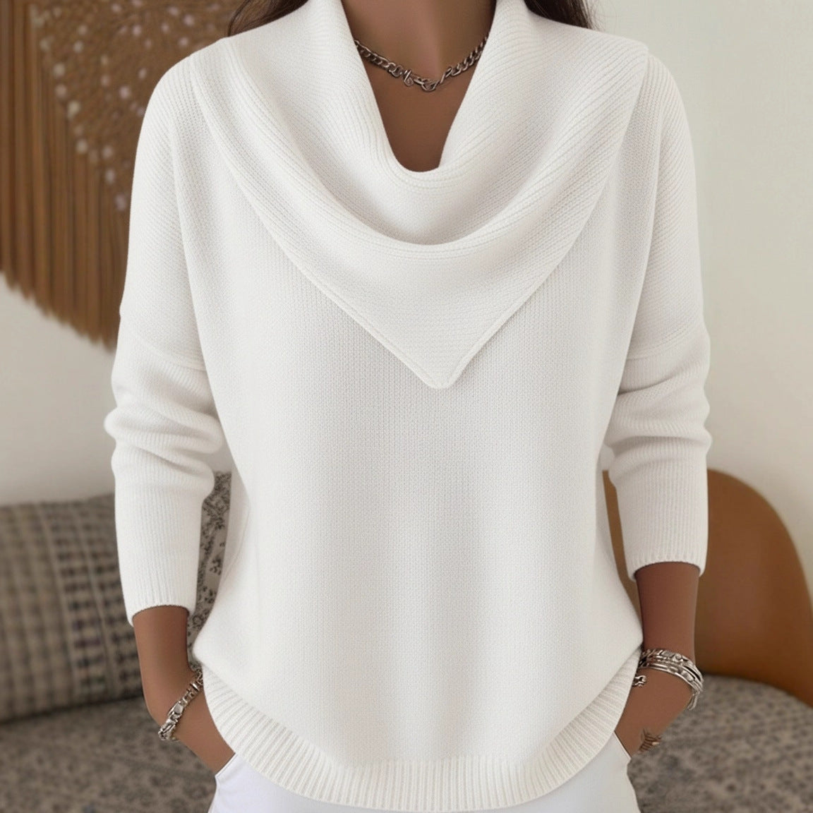 🧥Triangle Neck Solid Color Long Sleeve Tops Casual Sweaters for Women