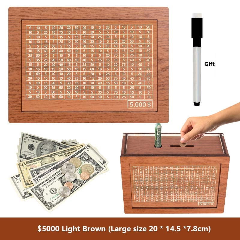 🔥Hot Sale🔥1000/3000/5000/10000 Wooden Money Box - Reusable Savings Target Bank for Home Decoration and Financial Goals