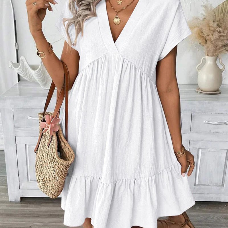 Women's V-Neck Loose-Fit Dress with Ruffle Hem 👗 Flattering V-Neck, Playful Ruffles – Your Go-To for Easy, Breezy Days ✨