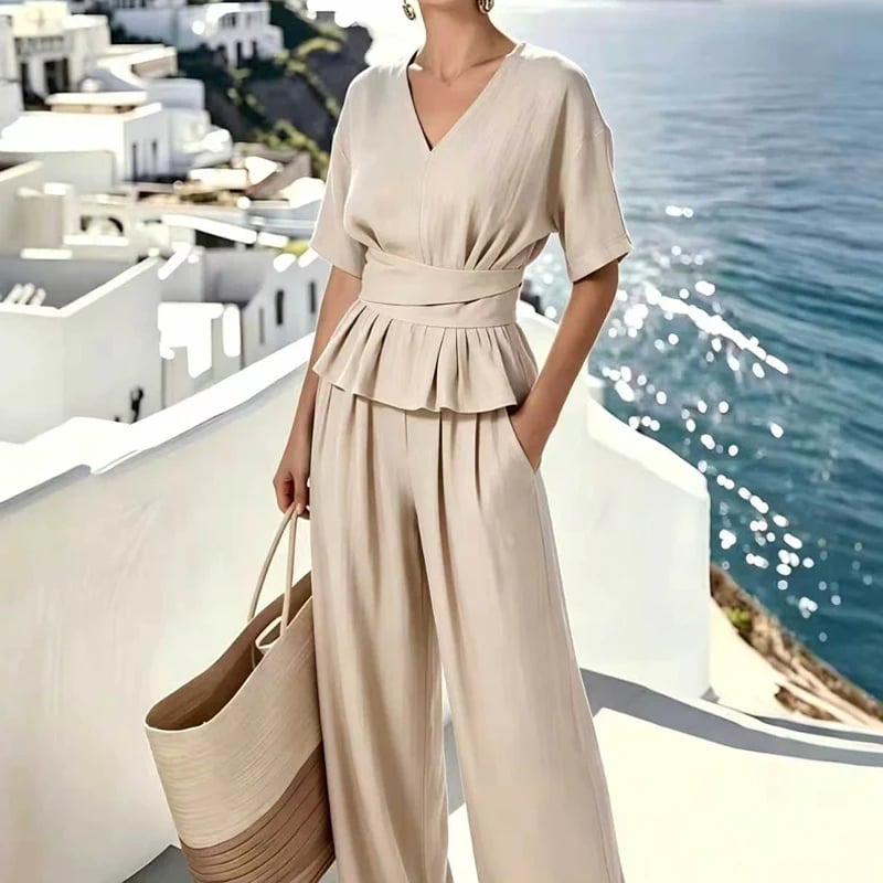 Women's Wrap Waist Top & Wide-Leg Pants Set