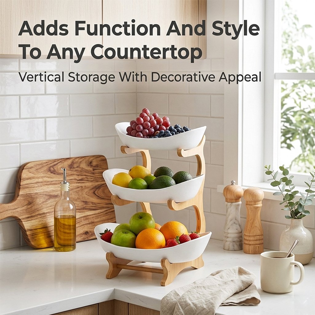 3-Tier Vertical Fruit Basket with Bamboo Stand - Space-Saving Oval Bowl Organizer for Kitchen Counters & Pantries