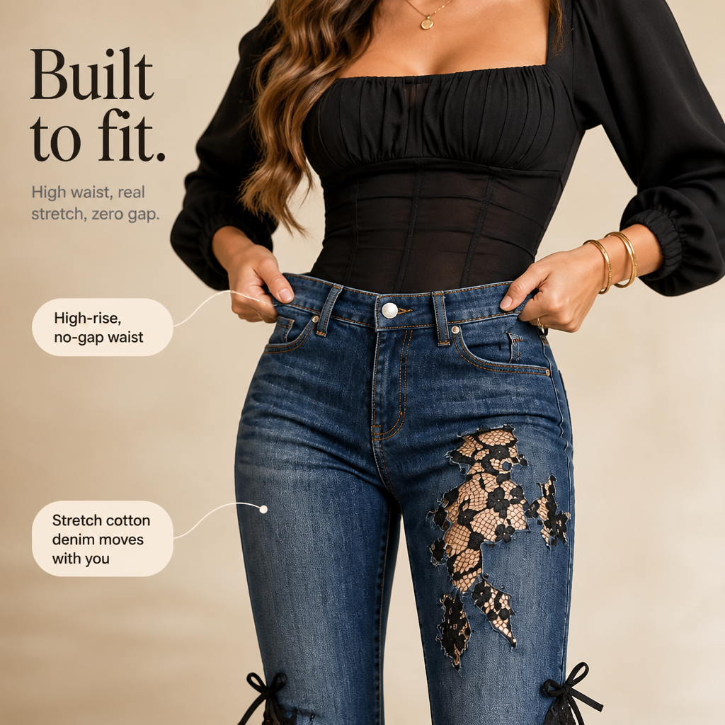 Black Floral Lace Panel Flare Jeans
